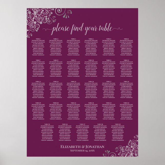 Magenta Plum 29 Table Silver Wedding Seating Chart (Front)