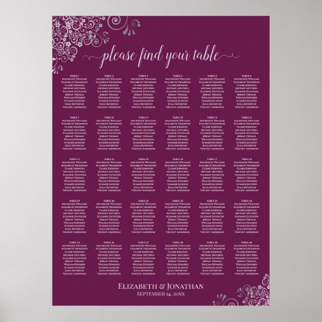 Magenta Plum 30 Table Wedding Seating Chart Silver (Front)