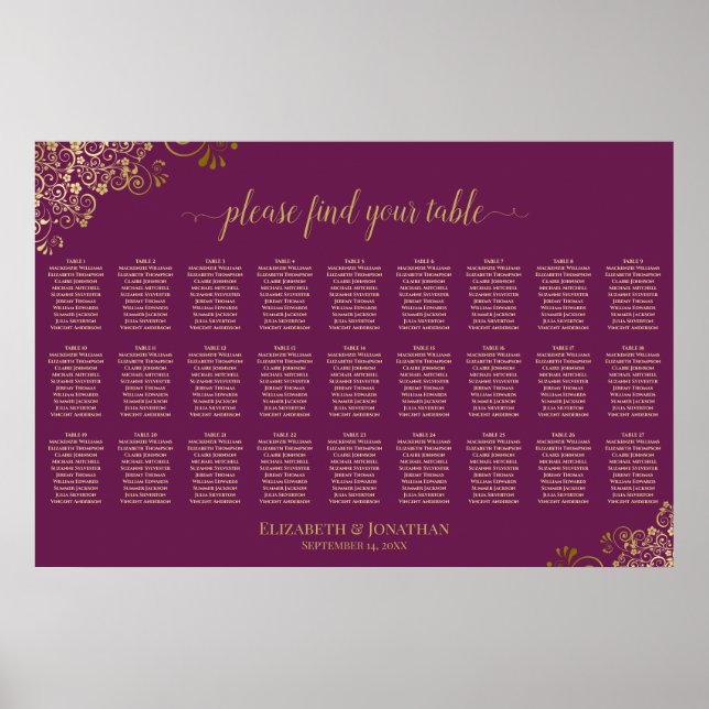 Magenta Plum & Gold 27 Table Wedding Seating Chart (Front)