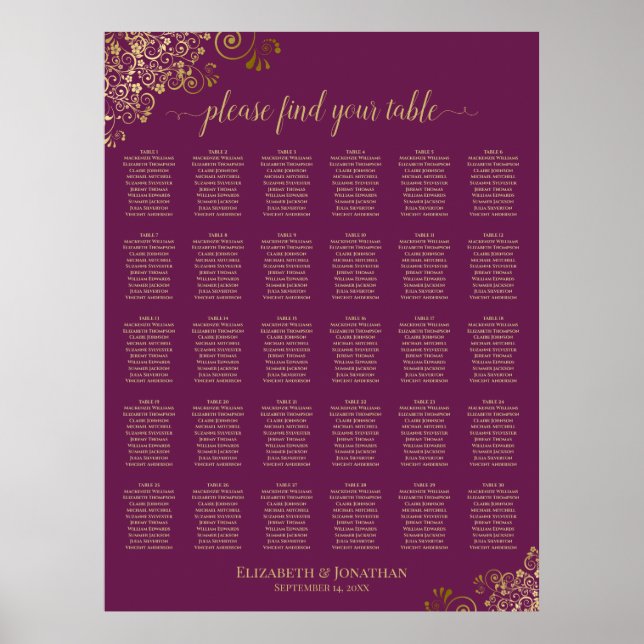 Magenta Plum & Gold 30 Table Wedding Seating Chart (Front)