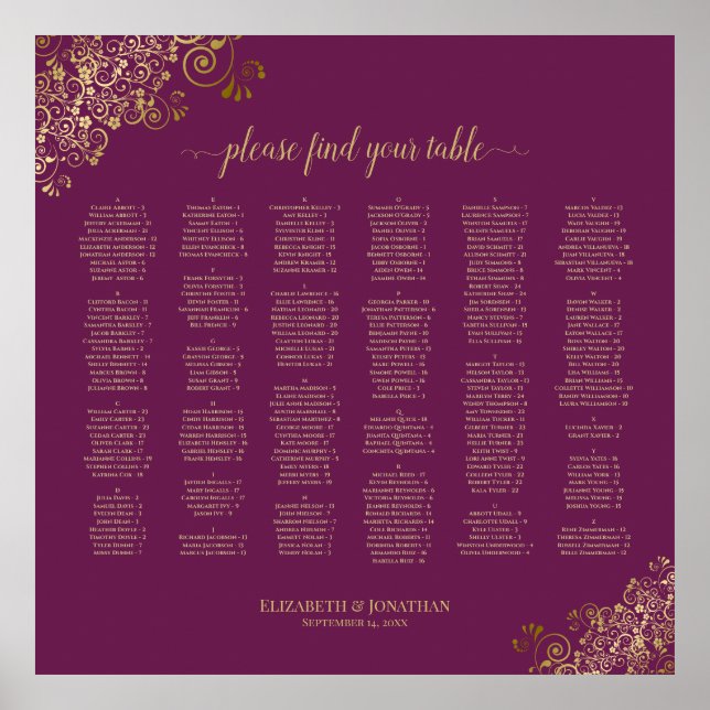 Magenta Plum & Gold Alphabetical Seating Chart (Front)