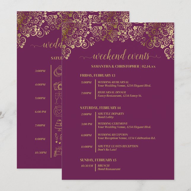 Magenta Plum & Gold Wedding Events & Timeline Programme (Front/Back)