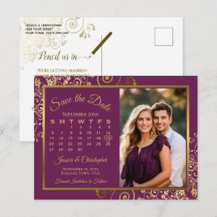 Magenta Plum Gold Wedding Save Date Calendar Photo Announcement Postcard