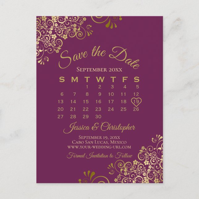 Magenta Plum & Gold Wedding Save the Date Calendar Announcement Postcard (Front)