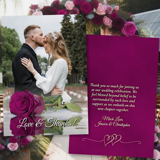 Magenta Plum Rose Elegant Wedding Photo Overlay Thank You Card (Front/Back)