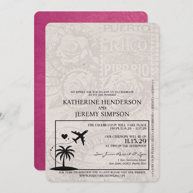 Magenta Puerto Rico Passport Wedding Invitation (Front/Back)
