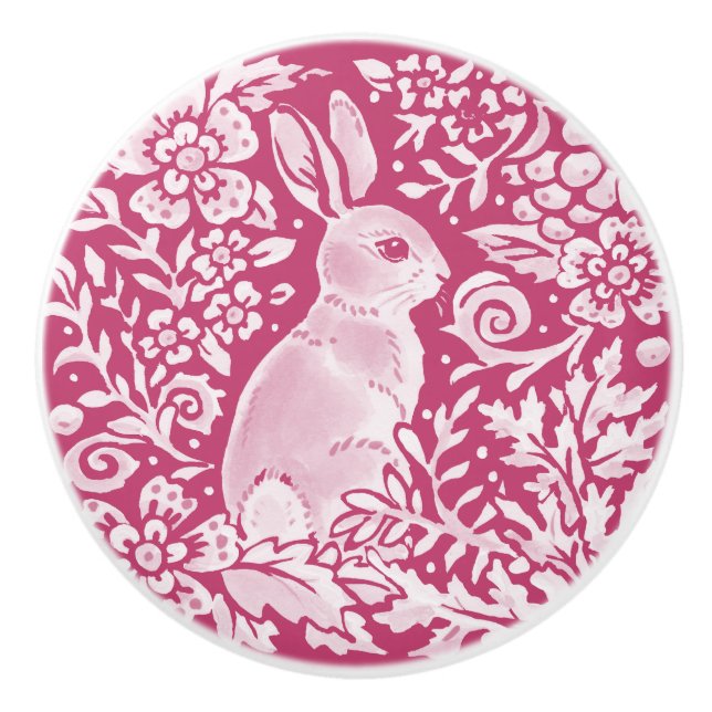 Magenta Purple Bunny Rabbit Woodland Floral Ceramic Knob (Front)