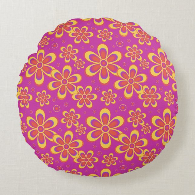 Magenta Purple Flowers Seamless Pattern Round Cushion (Front)