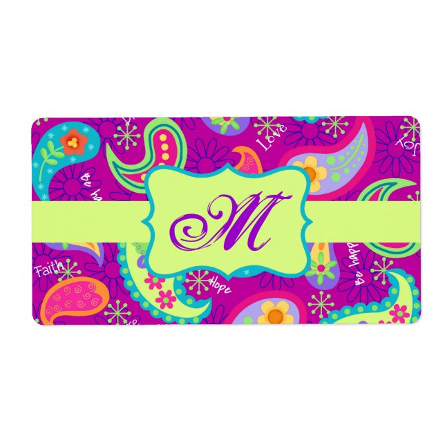 Magenta Purple Green Modern Paisley Monogram (Front)
