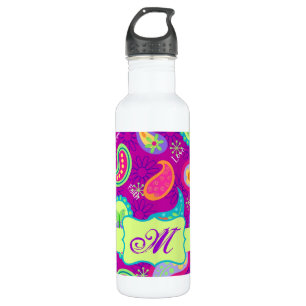 Magenta Purple Green Modern Paisley Monogram 710 Ml Water Bottle