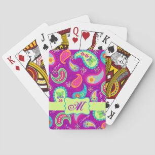 Magenta Purple Green Modern Paisley Monogram Playing Cards