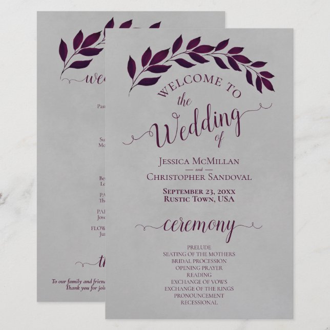 Magenta Purple Leaves Budget Wedding Program (Front/Back)