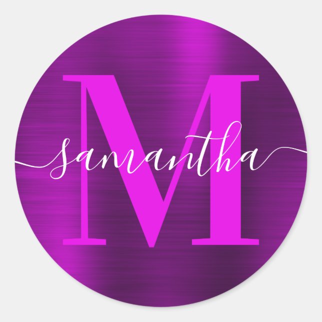 Magenta Purple Modern Signature Monogram Foil Classic Round Sticker (Front)