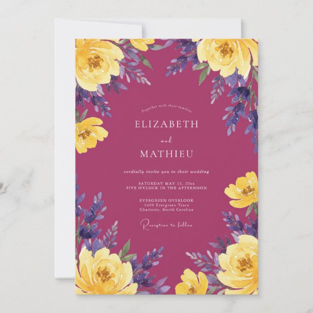 Magenta Purple Ranunculus Eucalyptus Wedding Invitation (Front)