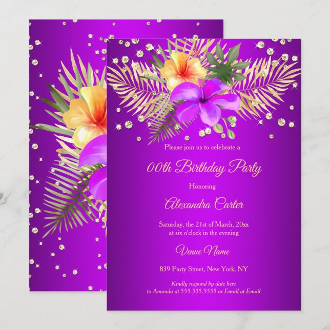 Magenta Purple Yellow gold palm floral Birthday Invitation (Front/Back)