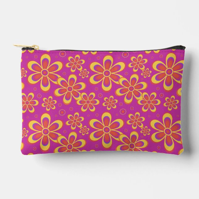 Magenta Purple Yellow Groovy Flower Pattern Accessory Pouch (Front)