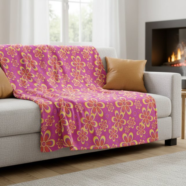 Magenta Purple Yellow Groovy Flower Pattern Fleece Blanket (Creator Uploaded)