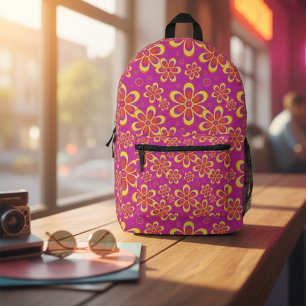 Magenta Purple Yellow Groovy Flower Pattern Printed Backpack