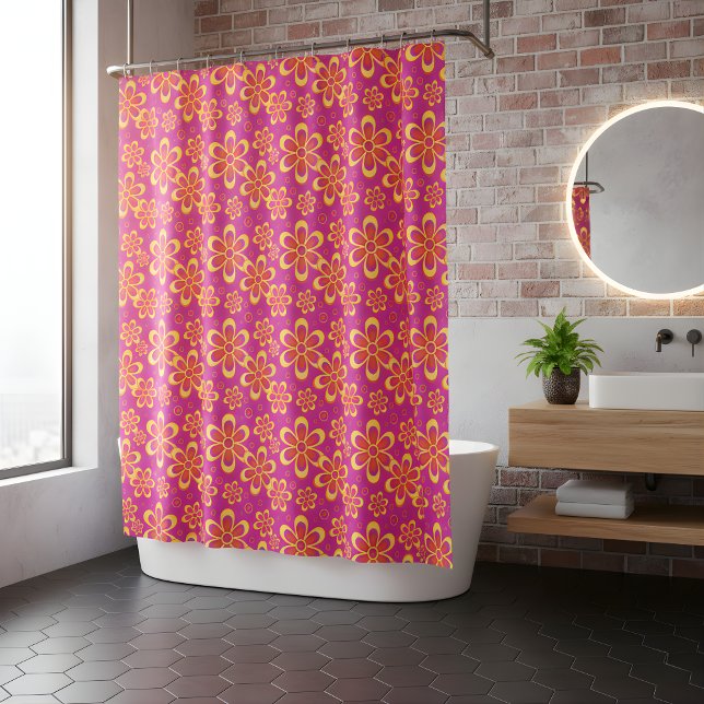 Magenta Purple Yellow Groovy Flower Pattern Shower Curtain (Creator Uploaded)