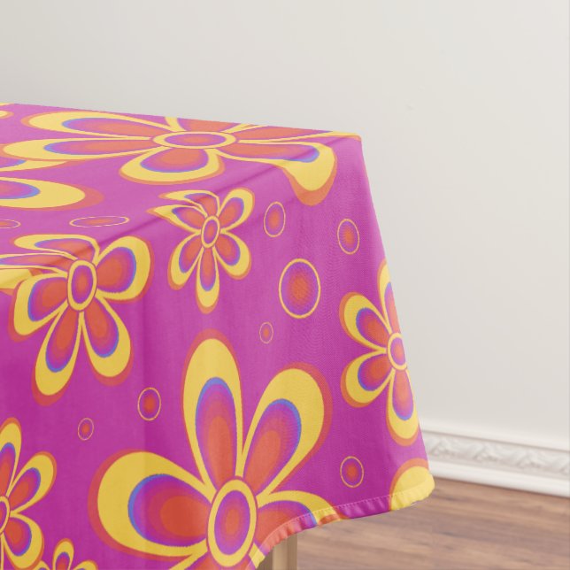 Magenta Purple Yellow Groovy Flower Pattern Tablecloth (In Situ)