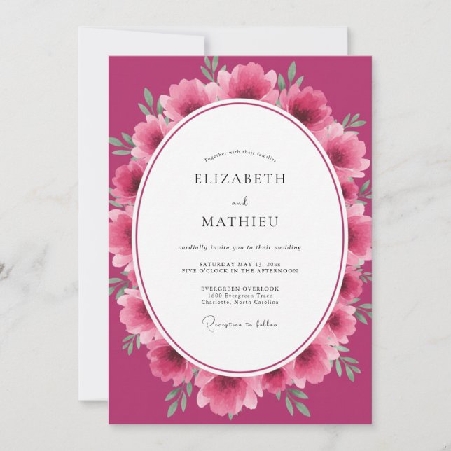 Magenta Ranunculus Eucalyptus Wedding Invitation (Front)