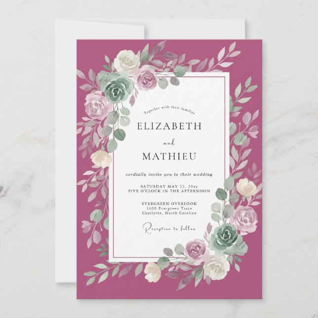 Magenta Ranunculus Foliage Eucalyptus Wedding Invitation (Front)