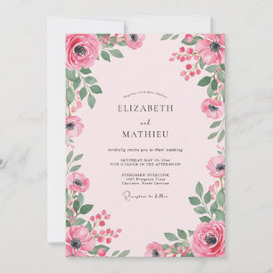 Magenta Ranunculus Leafy Wedding Invitation