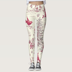 Magenta Red Green Christmas Toile Cream Winter Leggings