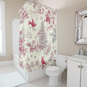 Magenta Red Green Christmas Toile Cream Winter Shower Curtain
