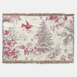 Magenta Red Green Christmas Toile Cream Winter Throw Blanket
