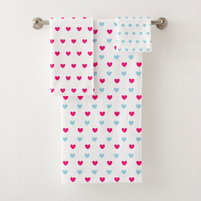 Magenta Red & Light Blue Hearts on White Bath Towel Set (Insitu)
