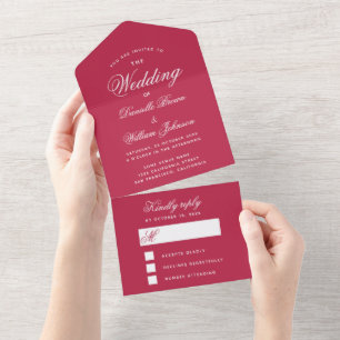 Magenta Red Wedding Simple Elegant Script RSVP  All In One Invitation
