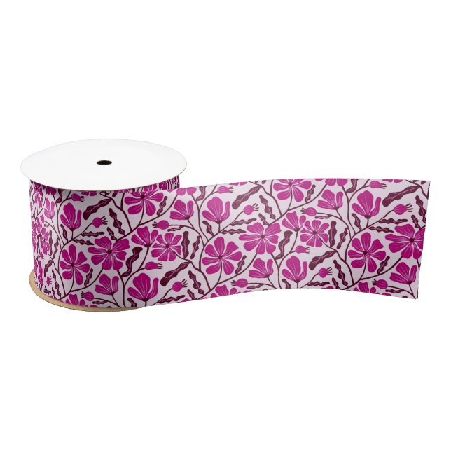 Magenta Retro Hand Drawn Floral Pattern Satin Ribbon (Spool)