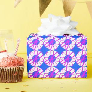 Magenta Ribbon Flowers On White Doughnuts Blue Wrapping Paper