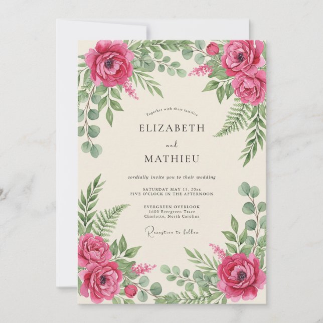 Magenta Romantic Botanical Wedding Invitation (Front)