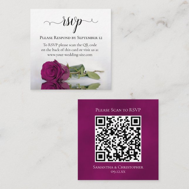 Magenta Rose Elegant Wedding RSVP QR Code Enclosure Card (Front/Back)