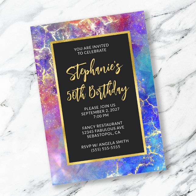 Magenta Royal Blue Golden Fire Opal 50th Birthday Invitation (Creator Uploaded)
