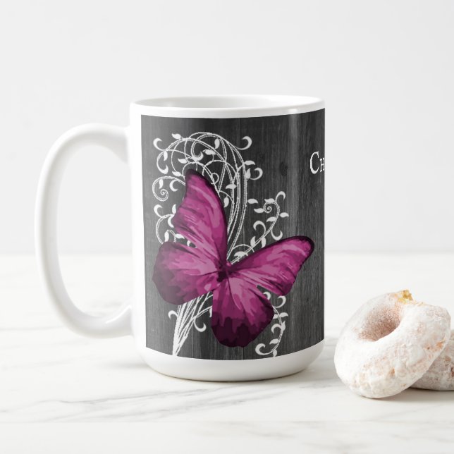 Magenta Rustic Butterfly Personalised Coffee Mug (With Donut)