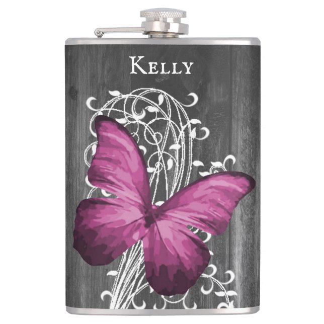 Magenta Rustic Butterfly Personalised Flask (Front)
