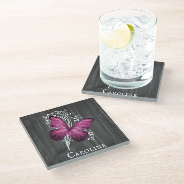 Magenta Rustic Butterfly Personalised Glass Coaster (Angled)