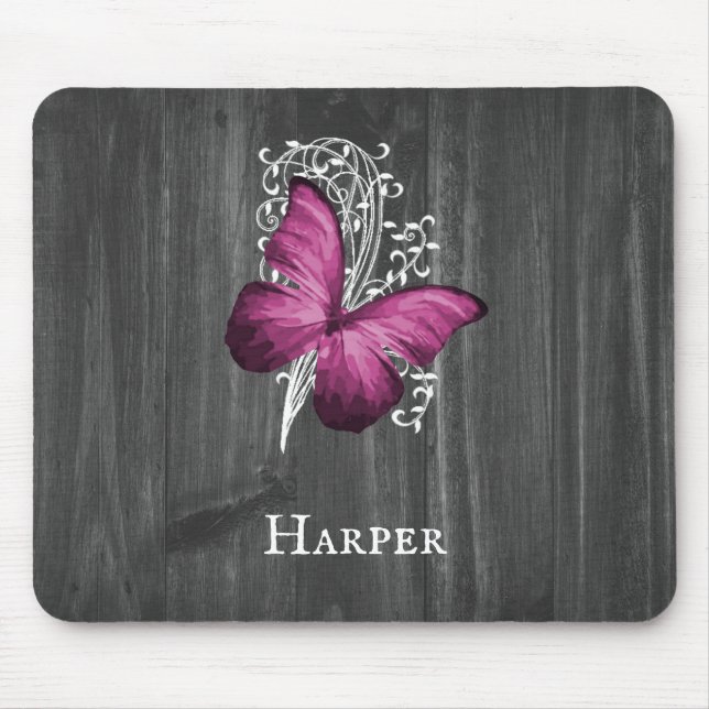 Magenta Rustic Butterfly Personalised Mouse Pad (Front)