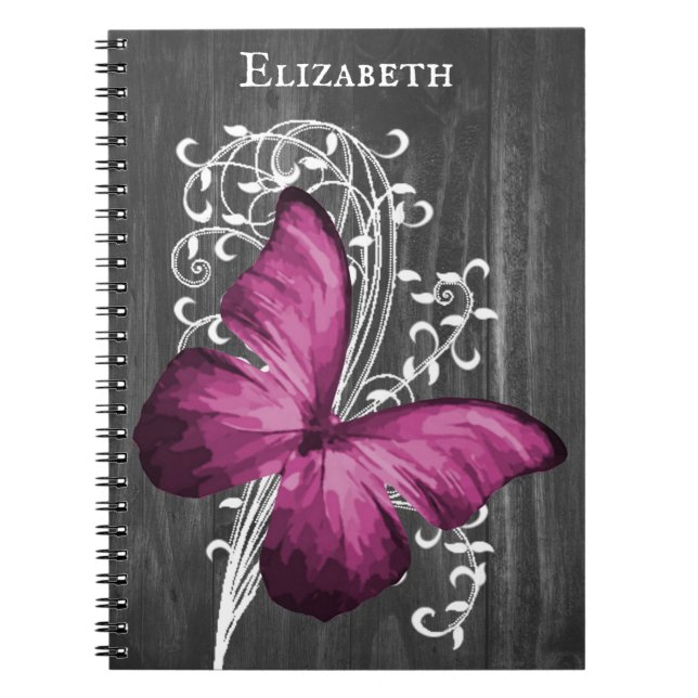 Magenta Rustic Butterfly Personalised Notebook (Front)