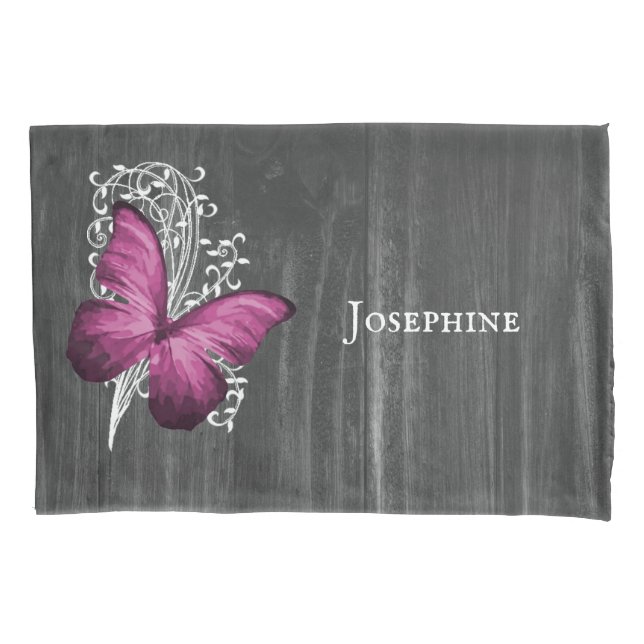 Magenta Rustic Butterfly Personalised Pillowcase (Front)