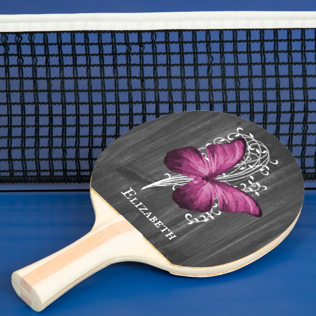 Magenta Rustic Butterfly Personalised Ping Pong Paddle (Insitu)