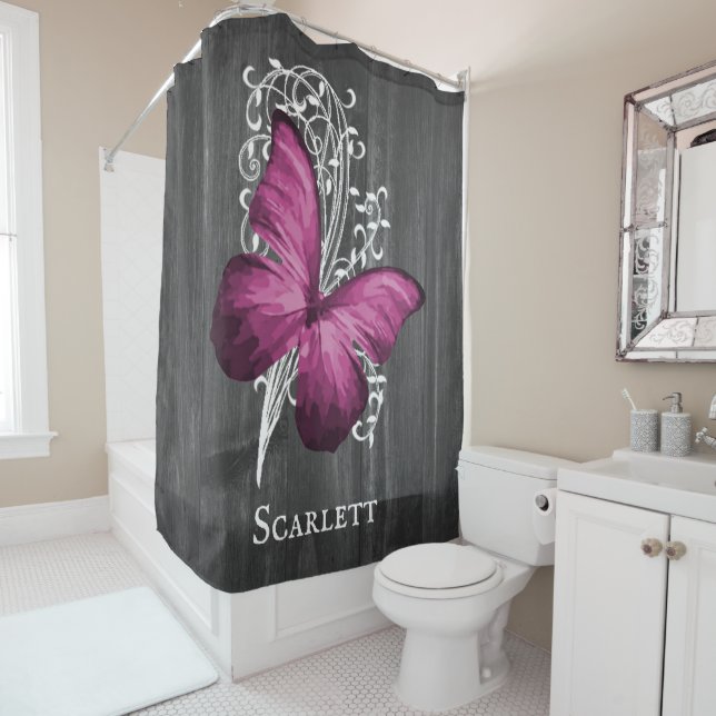 Magenta Rustic Butterfly Personalised Shower Curtain (In Situ)