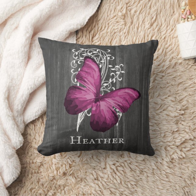 Magenta Rustic Butterfly Personalised Throw Pillow (Blanket)