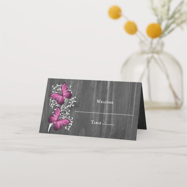 Magenta Rustic Butterfly Reception Place Card (Front)