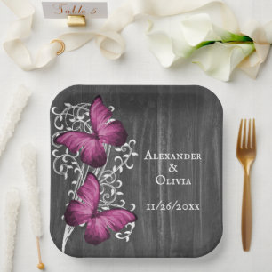 Magenta Rustic Butterfly Wedding Paper Plate