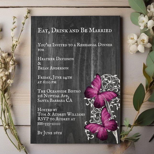 Magenta Rustic Butterfly Wedding Rehearsal Dinner Invitation (Magenta Rustic Butterfly Wedding Rehearsal Dinner Invitation)