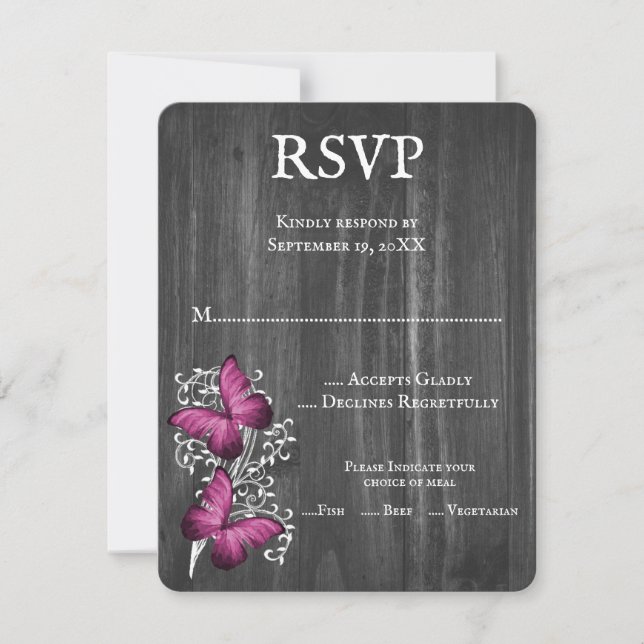 Magenta Rustic Butterfly Wedding RSVP Card (Front)